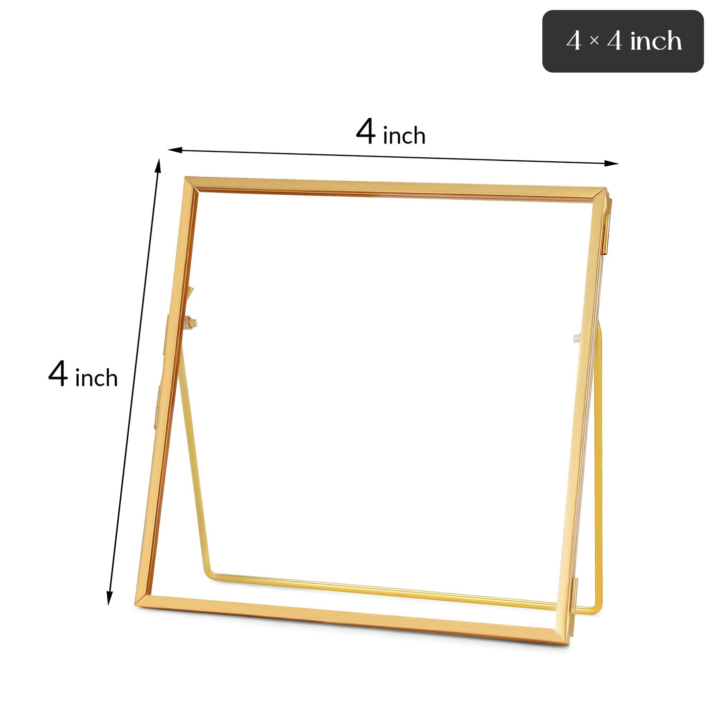 REDHUGO Double Glass Frame for Pressed Flowers Handmade, Tabletop Photo Frame for Floating Picture and Flower Press, Simple, Metal Geometric, Square, Gold, 4x4 Inches