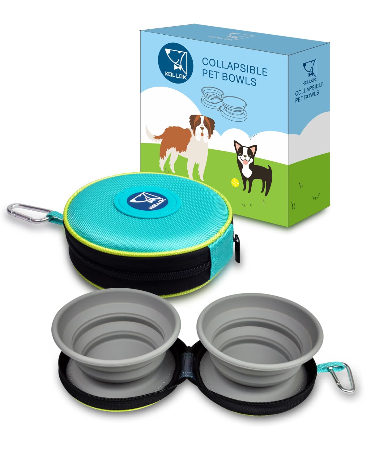 KALLAK Portable 2 in 1 Pet Bowls with Zipper Carrying Case and Carabiner, Collapsible Double Travel Dog Bowls for Food and Water Feeding, Foldable Camping Dog Cat Bowl