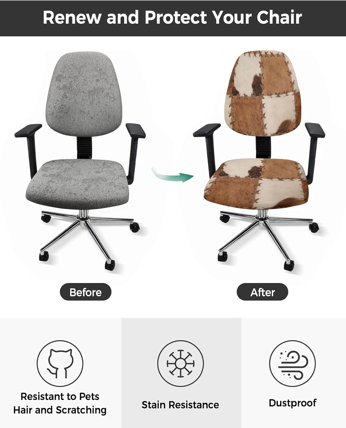 Vintage Leather Office Chair Covers, 2 Piece Abstract Cowhide Plaid Stretch Covers, Washable Chair Seat Protector