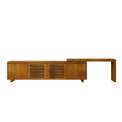 KEIKI 63" Mid-Century Modern Extendable TV Stand for TVs up to 75", Adjustable Entertainment Center with Storage, Farmhouse Media Console Cabinet with Fluted Wood Grain Design, Brown