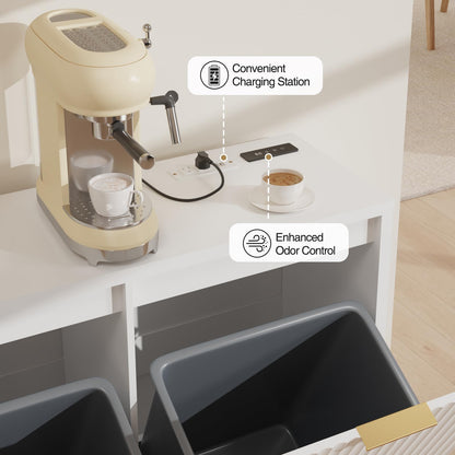 Double Tilt Out Trash Can Cabinet with Odor Control, Outlets, Fluted Trash Cabinet 13 Gallon Hidden Bin Storage, Modern Kitchen Cabinet with Soft-Close Door, Laundry Hamper Cabinet for Bathroom
