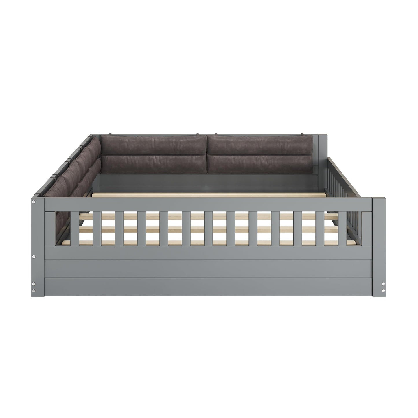 Merax Full Size Upholstered Platform Bed with Guardrail & Pillow, Solid Pine Wood Bed Frame, No Box Spring Needed, 600 lbs Capacity Safety Guaranteed Easy to Assemble for Bedroom, Gray
