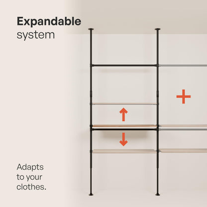 pamo Industrial Pipe Clothing Rack with Shelf - 660 lbs Capacity - Clamping Clothes Rack and Walk In Closet with Oak Shelf for Wardrobe