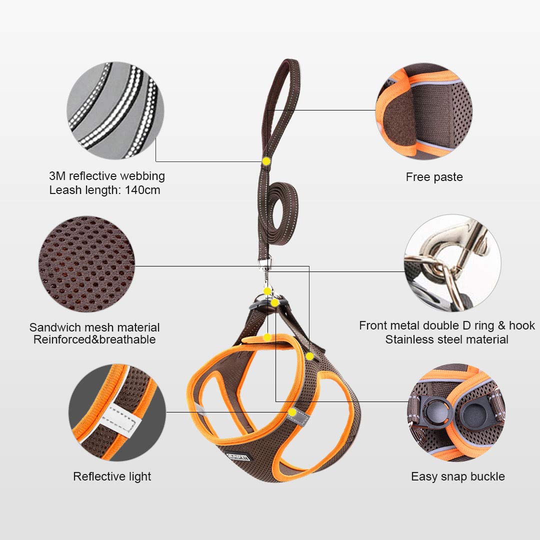 Suredoo Soft Mesh Dog Harness and Leash Set, Step-in Reflective Breathable Comfort Padded Quick Dry Pet Puppy Vest Harness for Extra-Small/Small Medium Dogs and Cats (Brown, XXS)