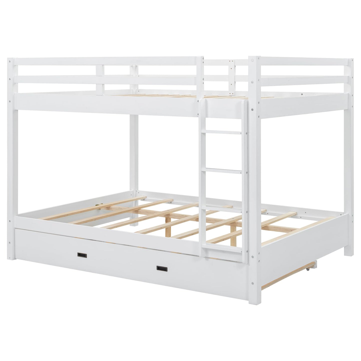 Merax Modern Queen Over Queen Size Wood Bunk Bed with Ladder and Twin XL Trundle, No Box Spring Required, Space-Saving, White