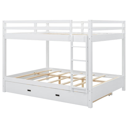 Merax Modern Queen Over Queen Size Wood Bunk Bed with Ladder and Twin XL Trundle, No Box Spring Required, Space-Saving, White