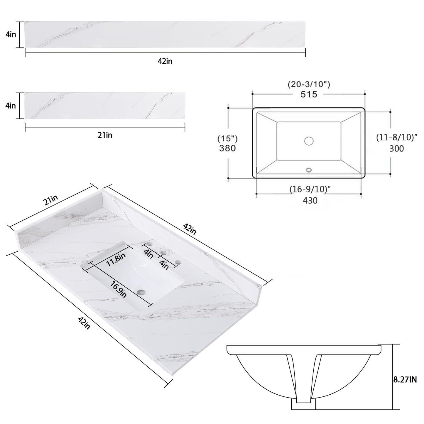 Dornberg 42"x22" Quartz Ocean White Bathroom Vanity Top, with Undermount Middle Sink Vanity Top,with One Sidesplash & One Backsplash,8 Inch Faucet Hole Spread Bathroom Vanity Sink Countertop