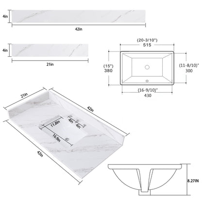 Dornberg 42"x22" Quartz Ocean White Bathroom Vanity Top, with Undermount Middle Sink Vanity Top,with One Sidesplash & One Backsplash,8 Inch Faucet Hole Spread Bathroom Vanity Sink Countertop