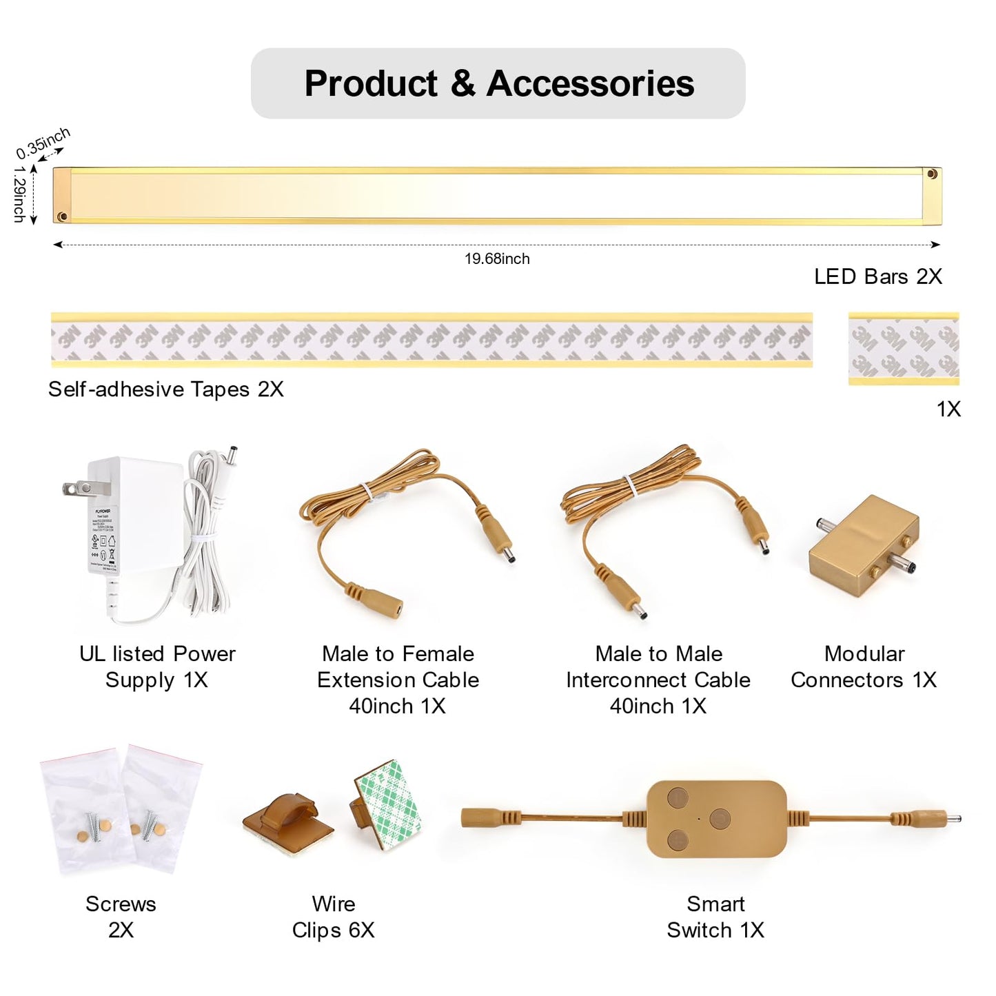 BLESSINGLUX 2pack 20inch Dimmable LED Under Cabinet Light Kit, 2700K to 6000K Smart LED Under Counter Lighting Fixture, Compatible with Alexa, Google Assistant, for Kitchen, Pantry, Shelf (Gold)