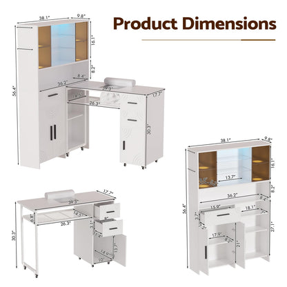 Oakvera Manicure Table with LED Display Cabinet, Mobile Nail Tech Desk Built-in Dust Collector, Nail Station with Double Tabletop, 3 Adjustable Shelves, Open Storage, Drawers & Cabinets, White
