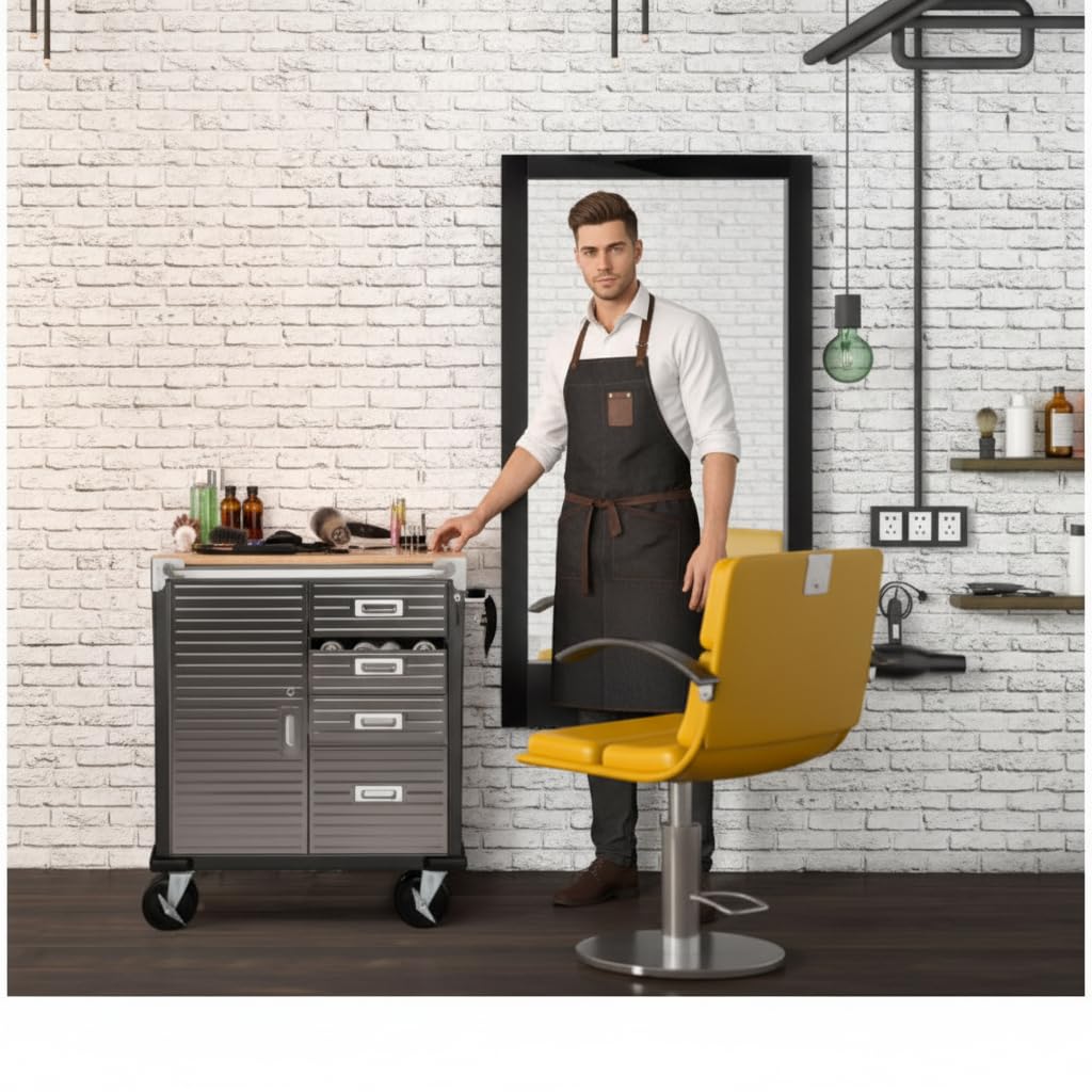 Rolling Tool Cabinet with Solid Wood Top, Heavy Duty Metal Storage Cart with 4 Drawers & Lockable Tambour Door, Mobile Utility Workbench on Wheels for Garage, Workshop, Office (Graphite Black)