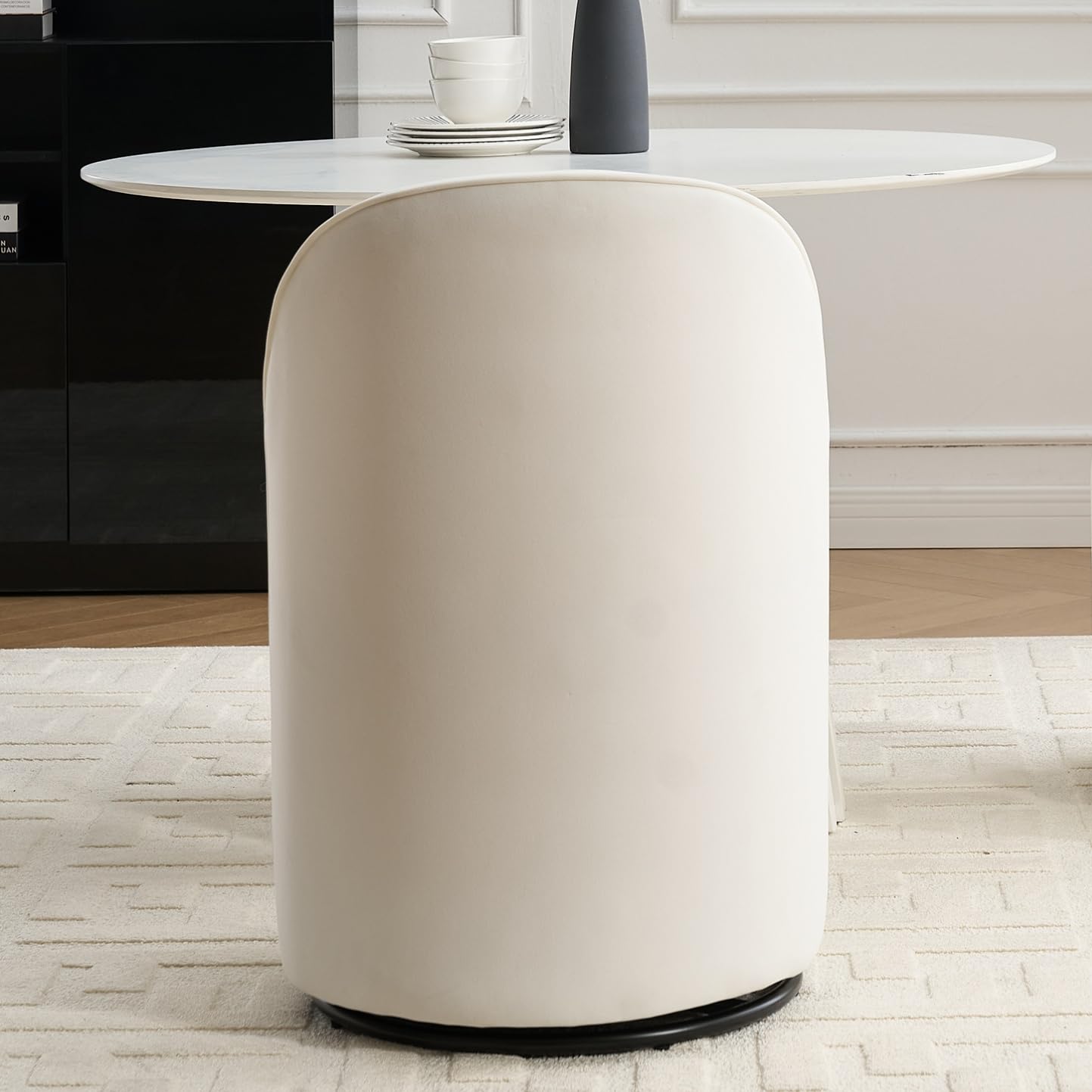 KEIKI Upholstered Swivel Barrel Chair, Mid-Century Modern Velvet Accent Armchair for Living Room, Bedroom, Makeup Vanity, 360° Rotating Sofa Chair, Cream