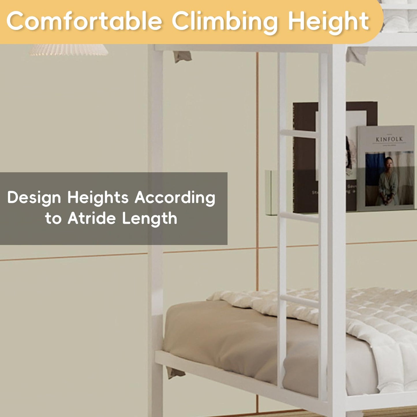 KEIKI Queen over Queen Size Metal Bunk Bed Frame with Built-in Ladder and Full-Length Railing, Modern Style Bunk Bed with Slats and Guardrail, No Box Spring Required, Easy Assembly, for Bedroom, White