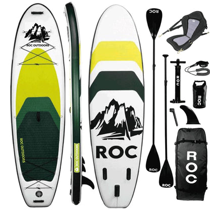 Roc Inflatable Stand Up Paddle Board 10' 6" with Premium SUP Paddle Board Accessories, Wide Stable Design, Non-Slip Comfort Deck for Youth & Adults (Lime W/Kayak Seat)