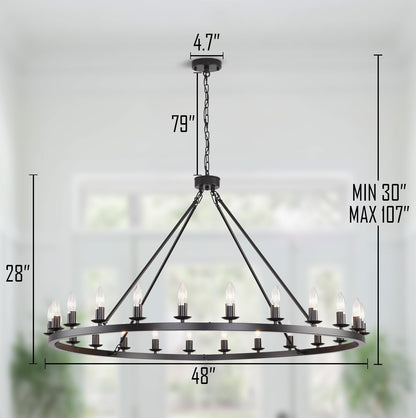 JKLX 48 Inch Black Large Wagon Wheel Chandelier, 24-Lights Farmhouse Industrial Round High Ceiling Light Fixture Adjustable Chain for Outdoor Porch,Foyer,Dining Room, Living Room