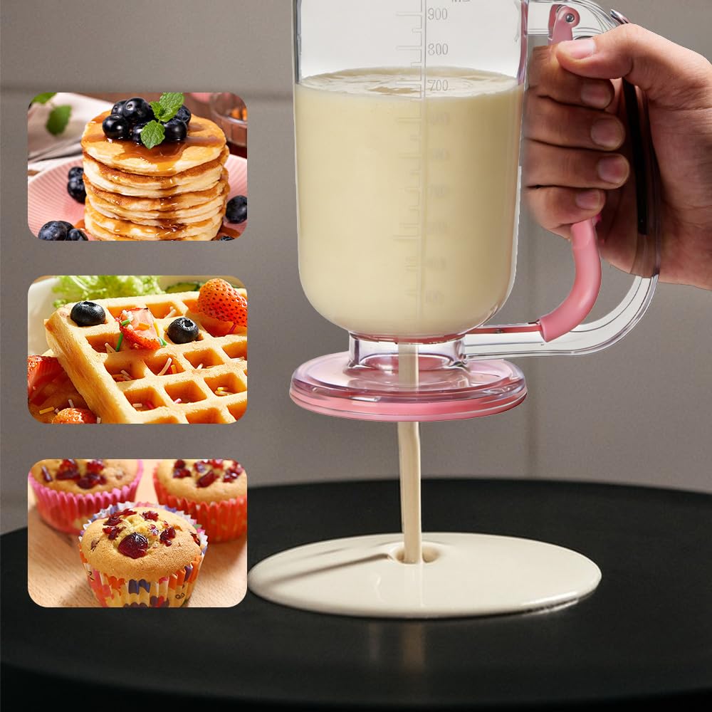 Pancake Batter Dispenser with Built-in Mixer Handle - No-Drip Handheld Funnel for Pancakes, Baking, Waffles, Cupcakes & Muffins - Easy Squeeze Baking Tool for Perfect Portions (Pink with Mixer)