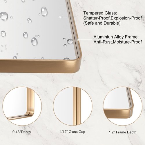 LOAAO Gold Bathroom Mirror - 60”x28” Rounded Rectangle Design | Wall-Mounted, Anti-Rust Tempered Glass