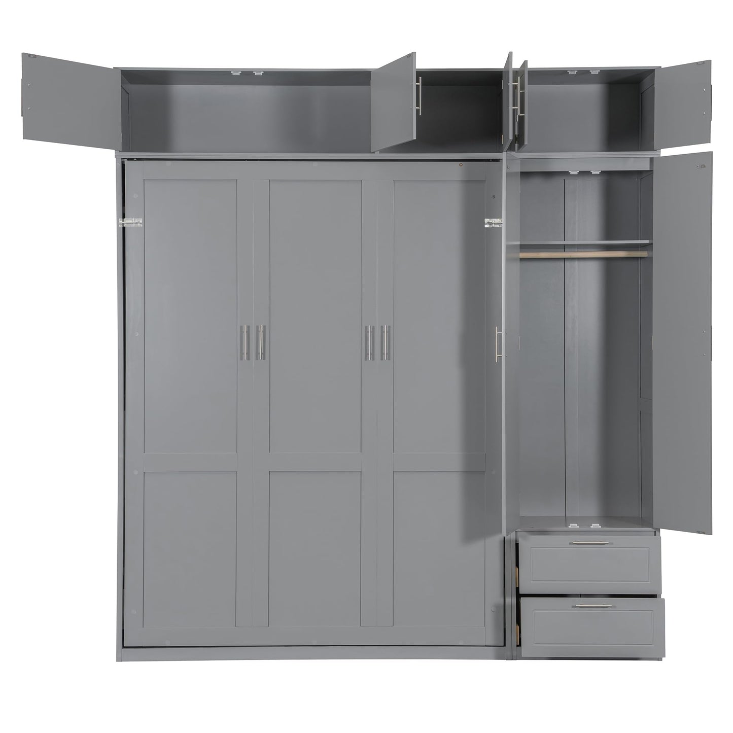 Merax Queen Size Murphy Bed with Shelves, Top Cabinet and Wardrobe, Fold into The Wall, Multifunctional Foldable Platform Bed Frame for Bedroom, Guest Room, Home Office, Space-Saving Design, Gray
