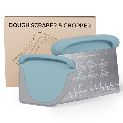 2 IN 1 Upgrade Bench Scraper, Dough Scraper for Pastry Bread Cake Pizza, Stainless Steel Dough Cutter with Conversion Chart & Measuring Scale, Bowl Scraper Food Scraper for Kitchen Baking, Blue