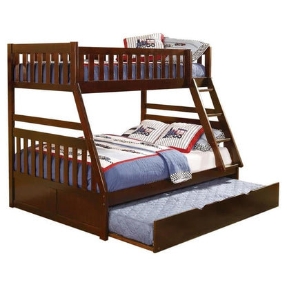 Pemberly Row Wood Twin Over Full Bunk Bed with Trundle Bed/Top Bed Guard Rail/Box Spring Not Required/Cherry Brown