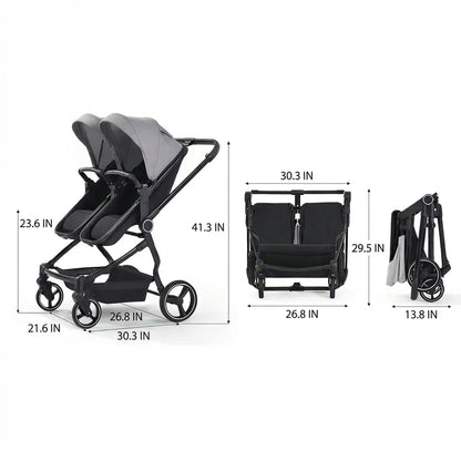 TALENBEEN Double Stroller for Infant and Toddler, Lightweight Side by Side Twin Baby Stroller, 26.8" Slim Design Fits Doors, Compact Foldable Travel Stroller, Independent Recline, Gray