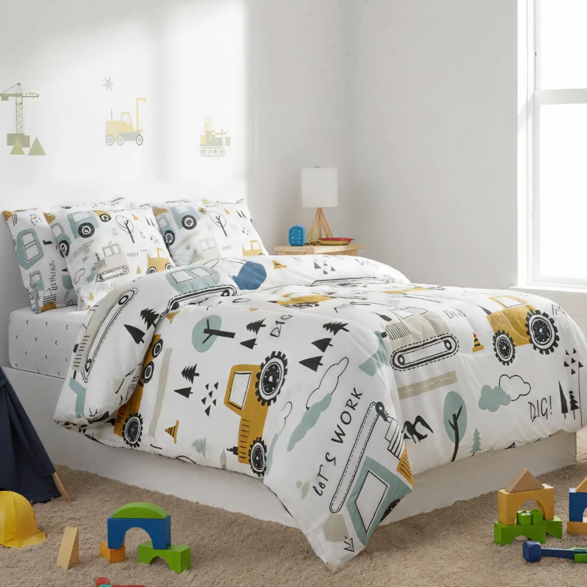Set 7 Set Set Feelyou Cartoon Car Kids Comforter with Sheets Piece Twin Size Construction Bedding Boys Decor Equipment