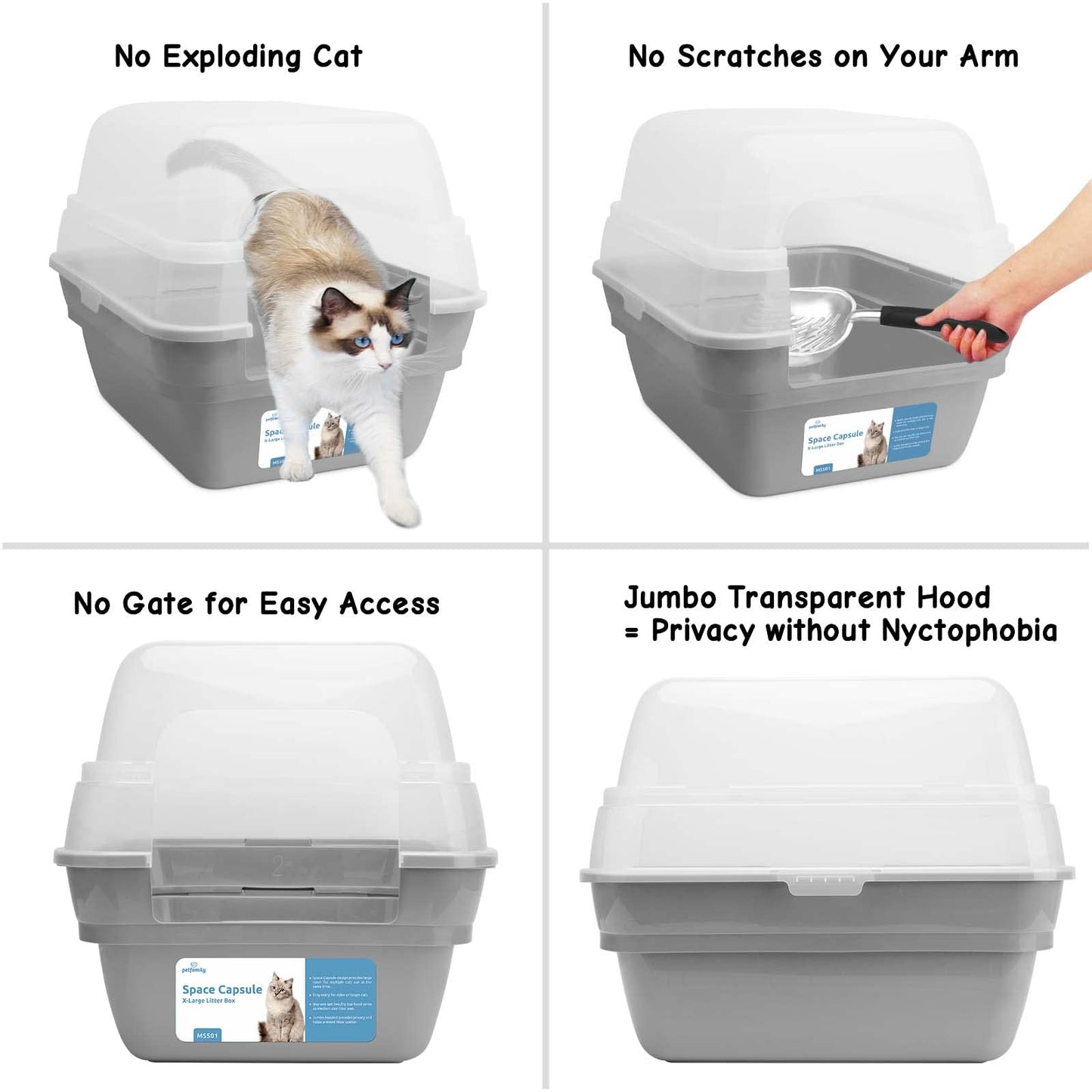 Petfamily Cat Litter Box, Large Foldable Jumbo Hooded with Transparent Lid,Grey