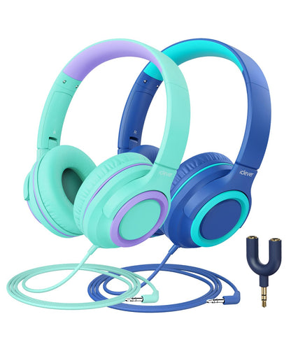 iClever 2Pack Kids Headphones with Sharing Splitter - 85dBA Safe Volume Limited - HS22 Wired Headphones for Kids Teens, Tangle-Free 3.5mm Jack Foldable Stereo for School/Tablet/Travel