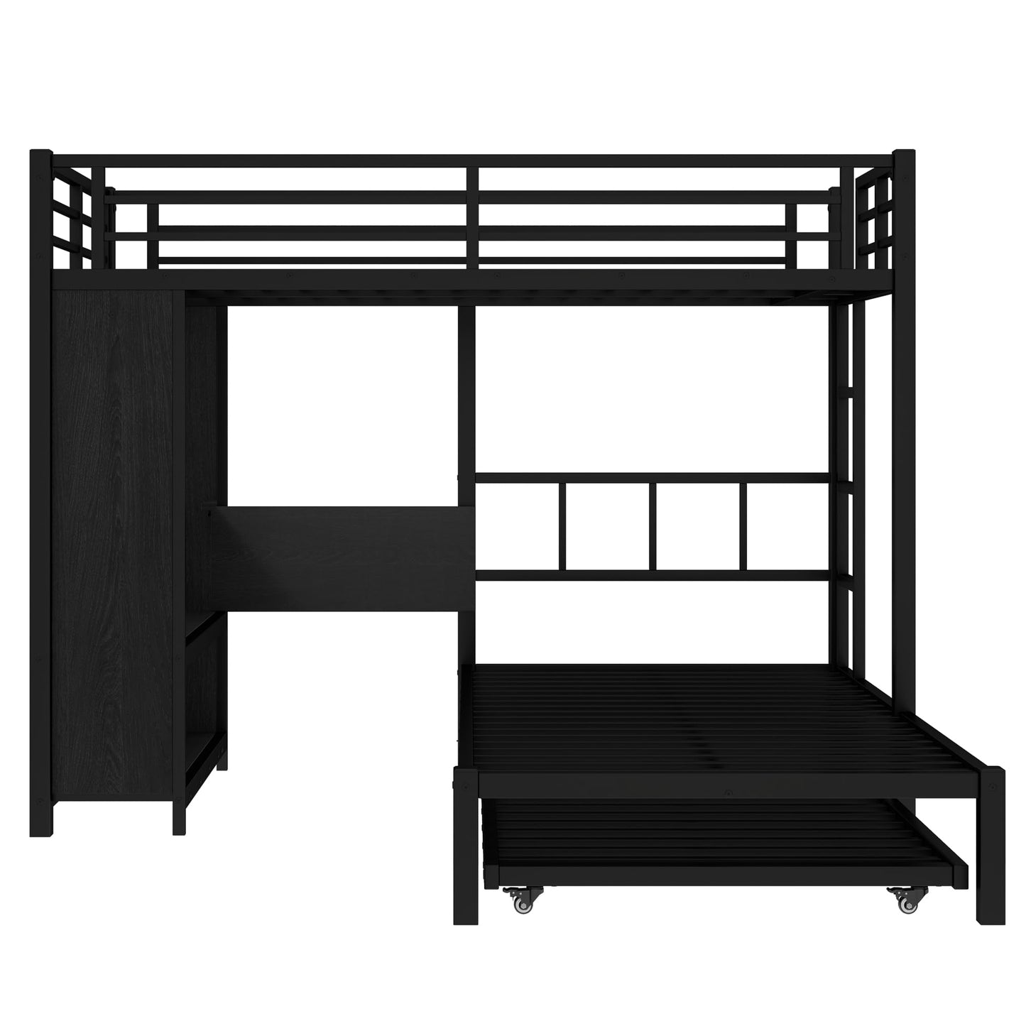Bellemave Twin/Twin XL Over Twin XL bunk Bed with Foldable Desk and Wardrobe and Twin Trundle, loft Bed with Desk and Desk, Metal Bunk Beds with Storage, Black