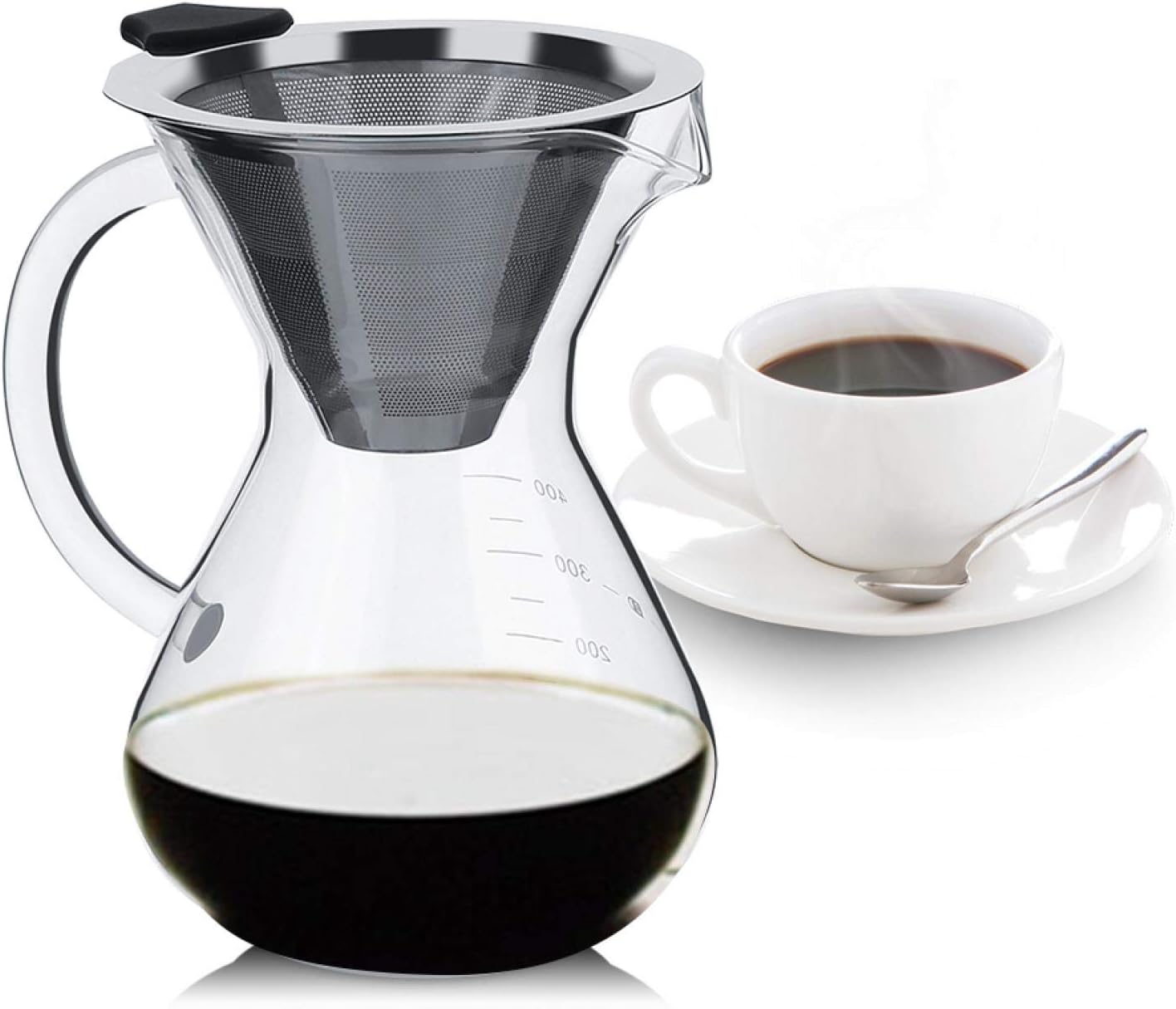 Pour Over Coffee Maker, Reusable 400ml Borosilicate Glass Hand Drip Manual Dripper Brewer Pot with Scale, Portable for
