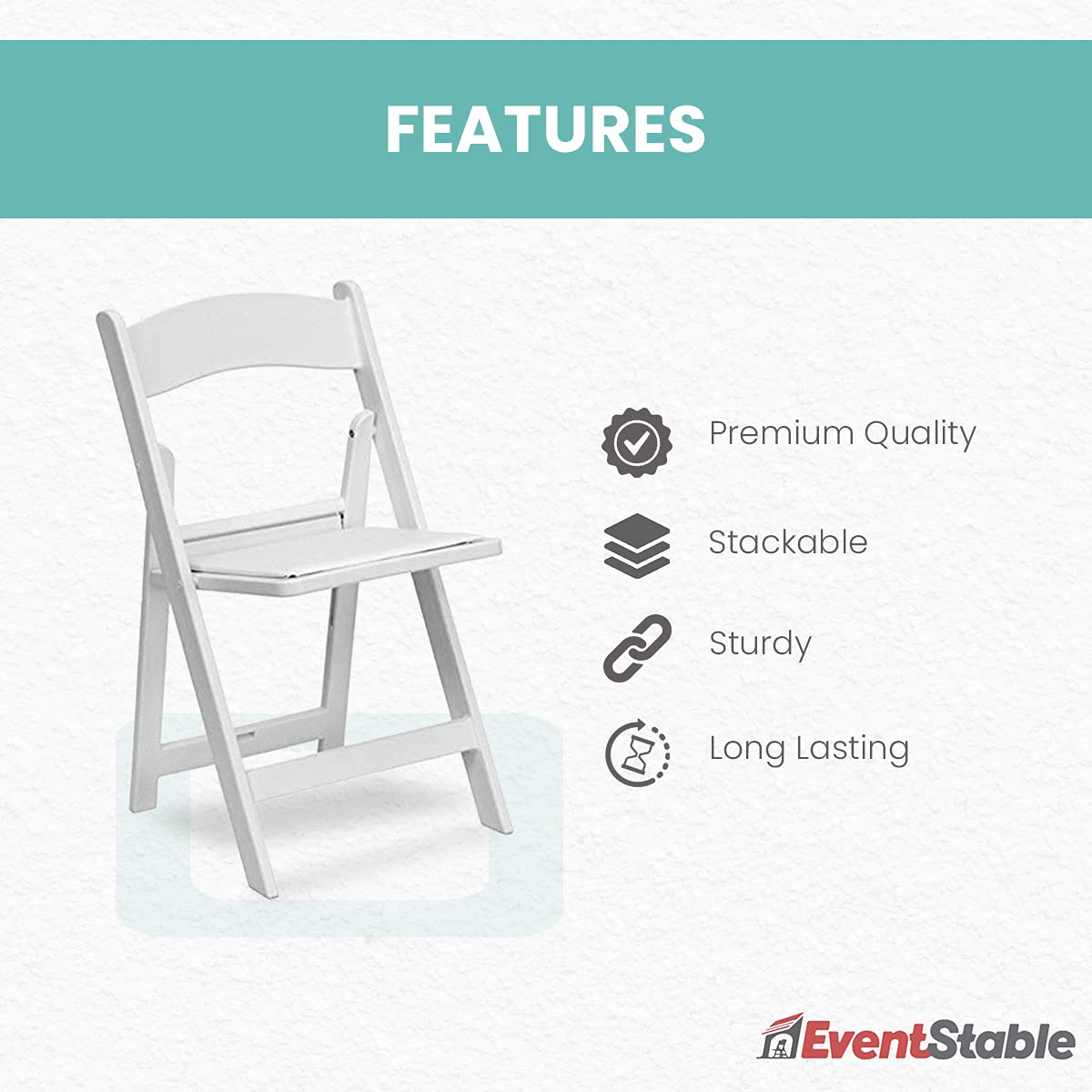 EventStable Titan Series 100 Resin Folding Chairs with 4 Dollies and 4 Straps Bundle - White Indoor/Outdoor Lightweight Folding Chair - Padded Folding Chair for Weddings Parties Events