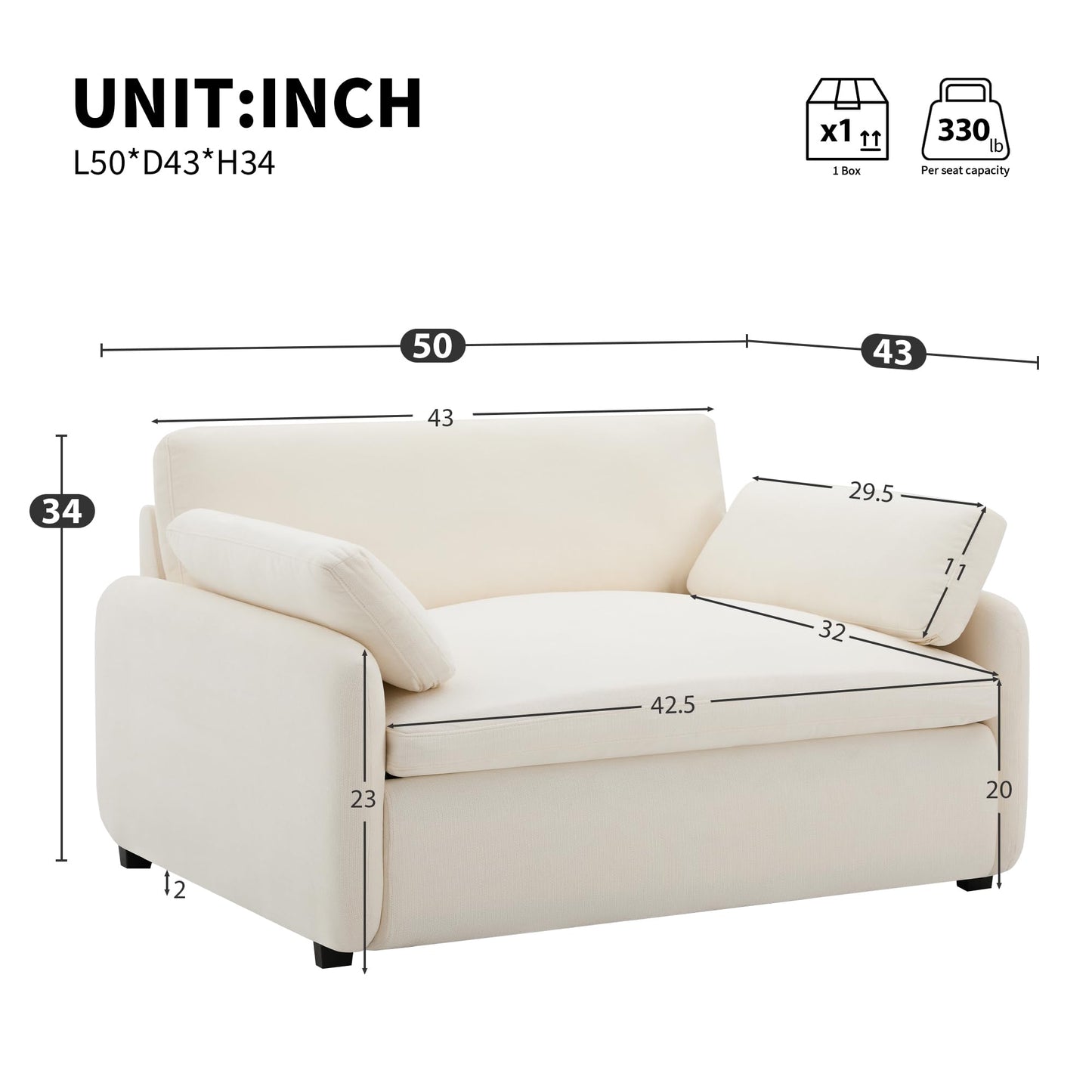 Merax 50 x 43 Oversized Chenille Single Sofa Chair,Wide and Deep Seat Accent Chair,Modern Upholstered Comfy Couch with Pillows for Living Room,Apartment,Bedroom,Cream