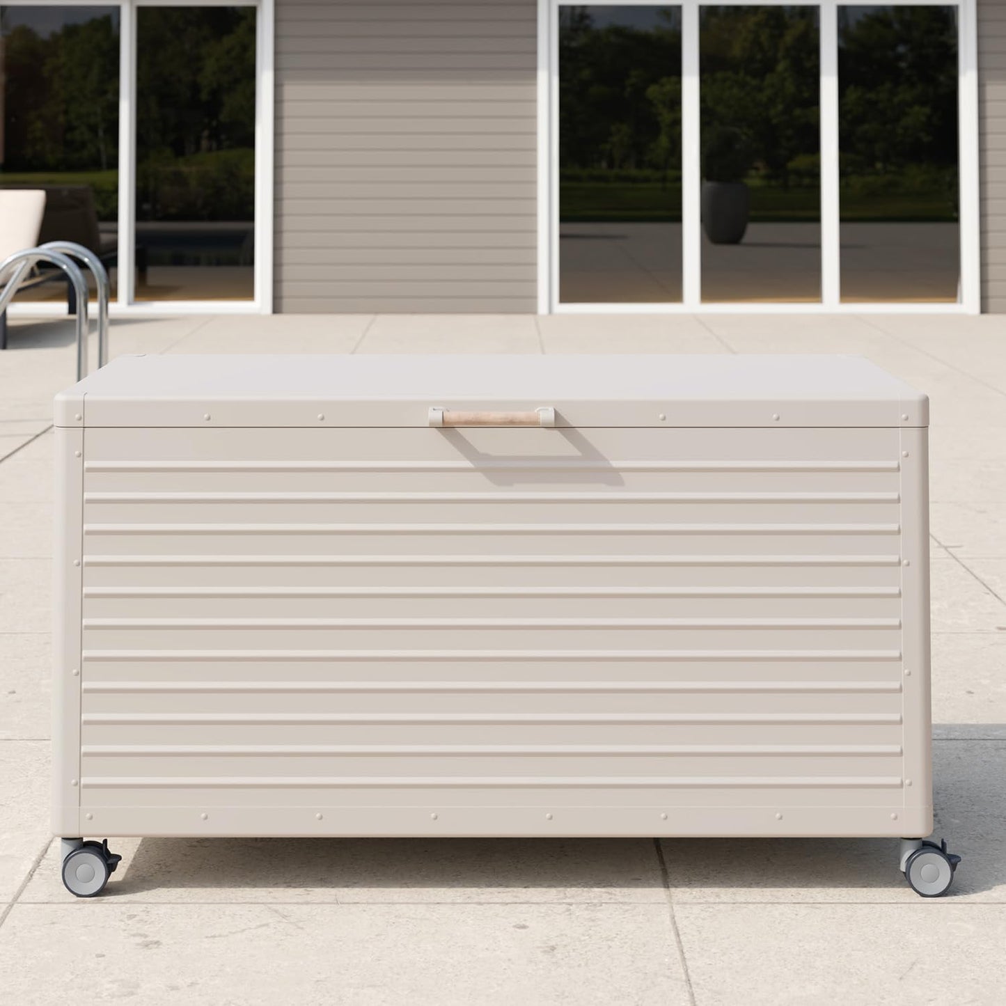 MIRADOR 175 Gallon Outdoor Storage Box with Wheels & Soft-Close Lid, Waterproof Metal Deck Box for Patio Cushions, Garden Tools & Pool Accessories, Latte