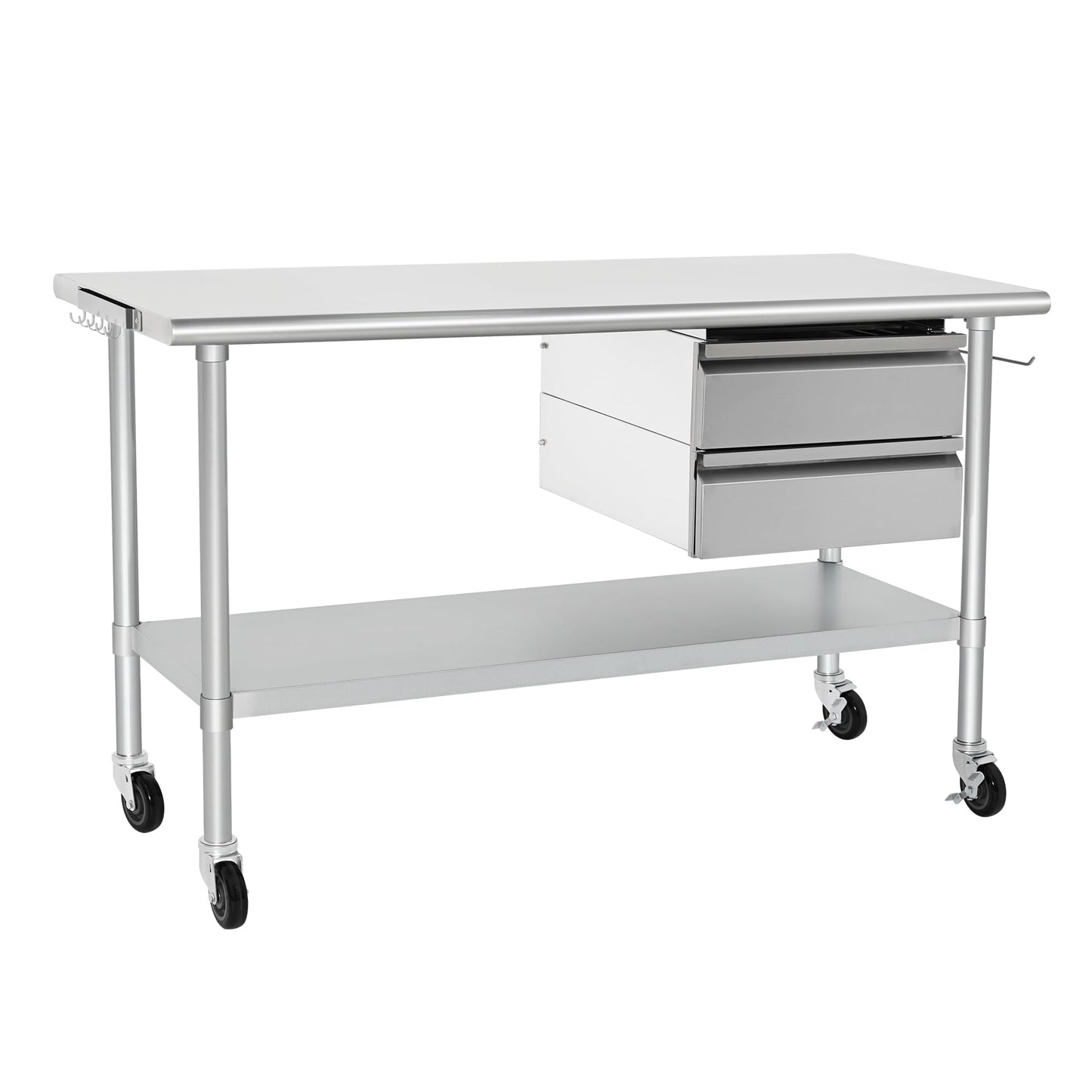 HARDURA Stainless Steel Table with 2 Drawers & Casters, Metel Prep Table with Hook, Tissue Holder and Undershelf 24x60 Inches for Commercial Kitchen Prep