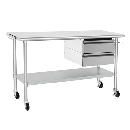 HARDURA Stainless Steel Table with 2 Drawers & Casters, Metel Prep Table with Hook, Tissue Holder and Undershelf 24x60 Inches for Commercial Kitchen Prep