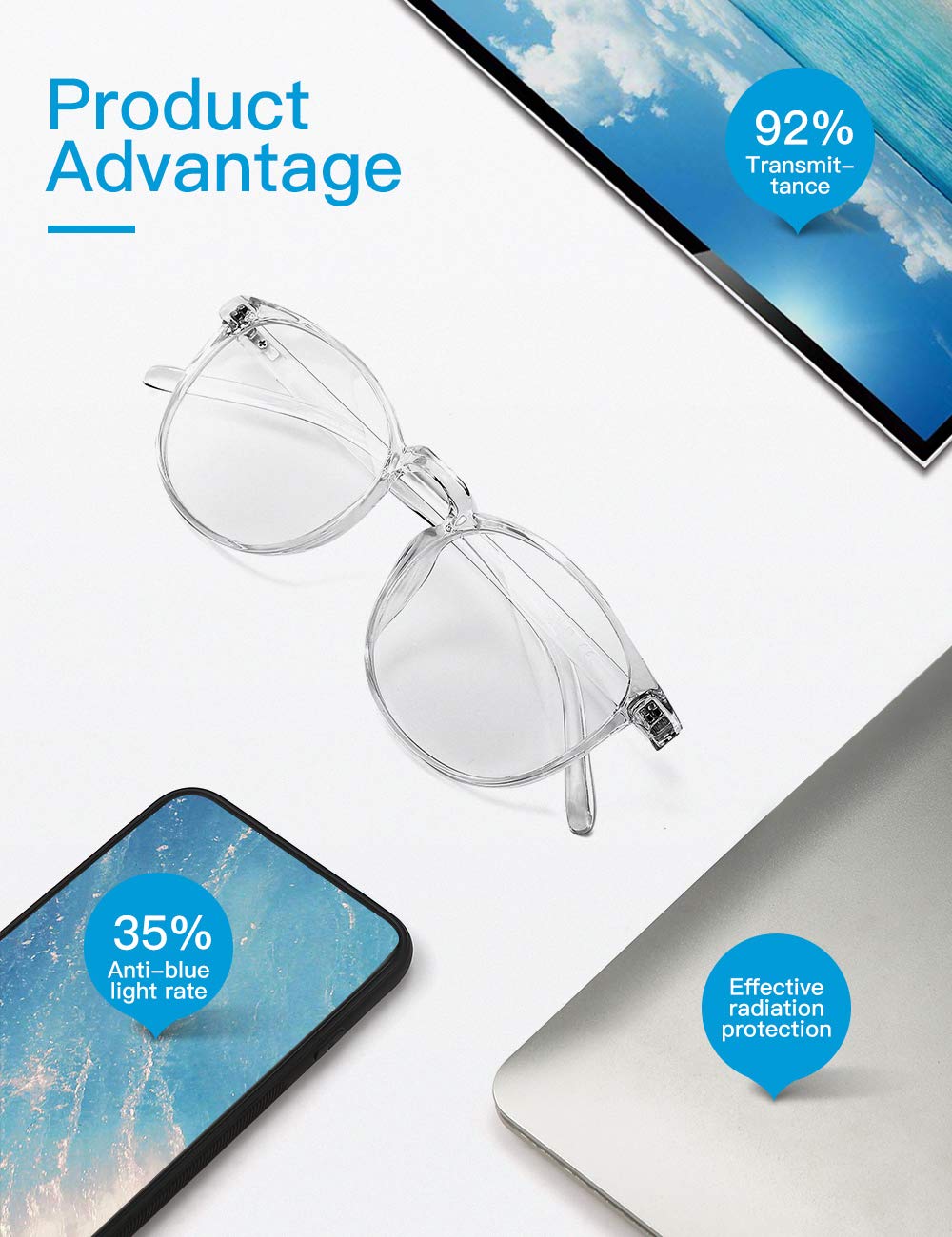 CNLO Blue light blocking Glasses,Computer Gaming Glasses,TV Glasses，For UV Protection, Anti Eyestrain,Lightweight Frame Eyewear,Transparent Men/Women (Crystal)
