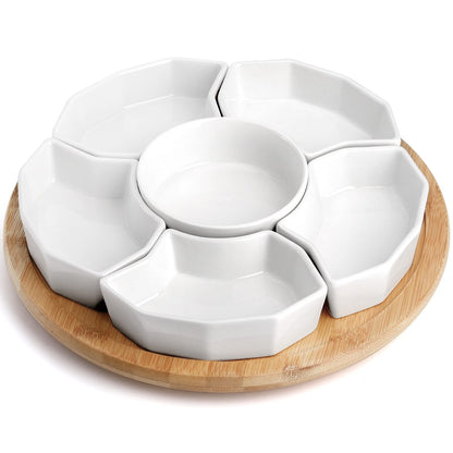 SOUJOY 11'' Lazy Susan Serving Tray, Porcelain 360° Rotatable Serving Tray and Platters, Removable Divided Serving Dishes, Party Relish Bowl for Chip, Dip, Veggies, Candy and Snack, Cheese, 7 Pieces