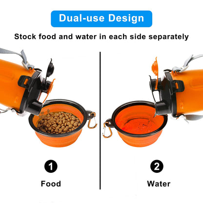 Dog Travel Water Bottle Collapsible Bowls, 2 in 1 Pet Food Container with Collapse Bowls, Outdoor Portable Water Bowls for Walking, Traveling, Camping and Hiking (Orange)