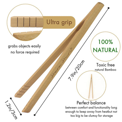Bamboo Toaster Tongs - Set of 2 Reusable Heat Resistant Wooden Toast Tongs - 8 Inches Long Natural Toaster Tong Bamboo - Useful Kitchen Utensil for Serving Pickle Muffin Bread Tong - HaraHuri