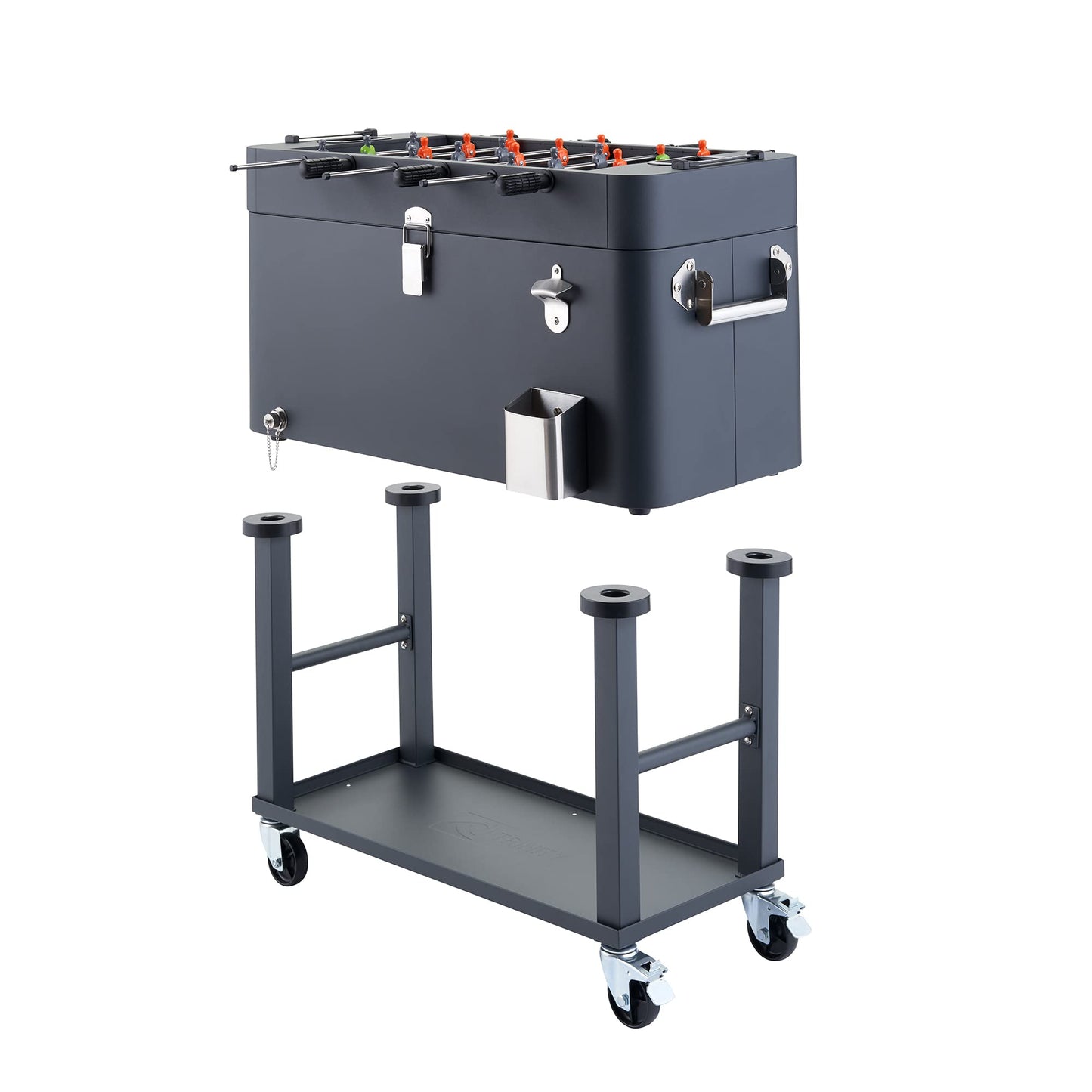 TRINITY 80 Quart Beverage Cooler and Ice Chest with Foosball Table Top and Bottle Opener, Rolling Cart and Storage Shelf, Detachable Tub, 96 Can Capacity, Includes Protective Cover, Charcoal Gray