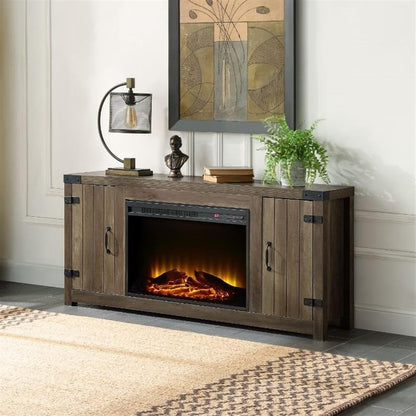 ACME Tobias Electric Fireplace Rustic Farmhouse TV Stand with Double Barn Door for TVs up to 60", Rustic Oak Finish
