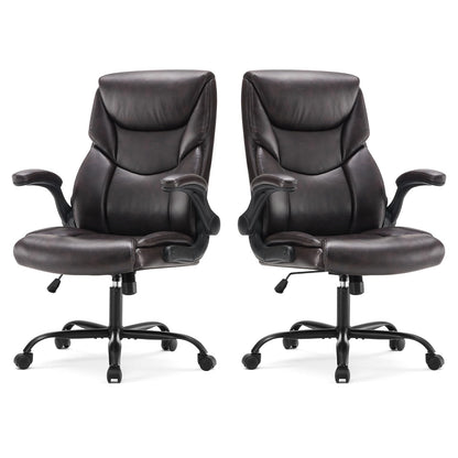 Sweetcrispy Ergonomic Computer Gaming Office Chair Set of 2, Heavy Duty Task Desk Swivel Rolling Chairs with Wheels, Flip-up Arms, Adjustable Height, PU Leather,Dark Brown