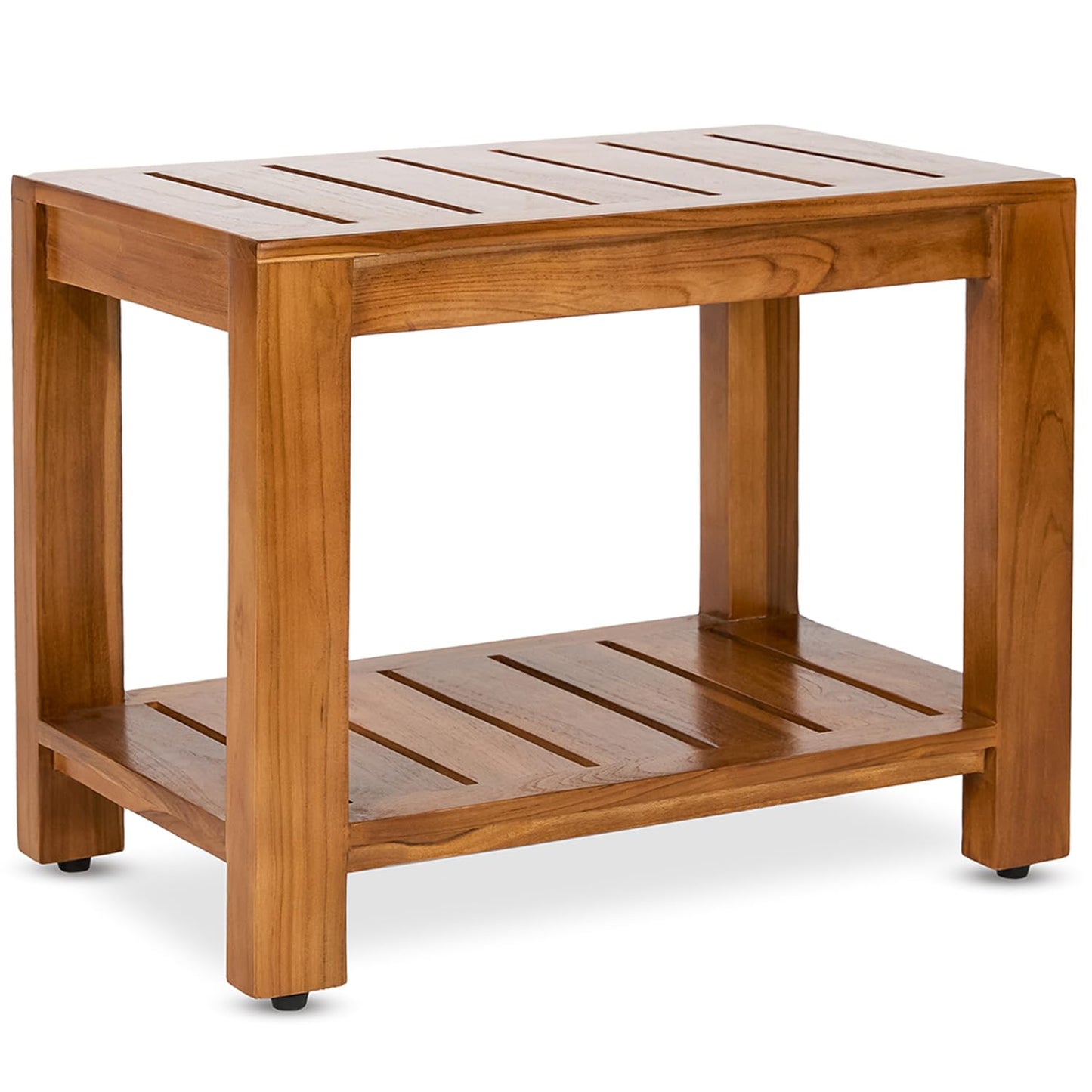 TeakCraft Teak Shower Bench with Shelf, 24” Wide, Shower Stool, Fully Assembled Bathroom Shower Seat, Water-Resistant Spa Bath Bench for Shower, Bathroom & Entryway, The Tara