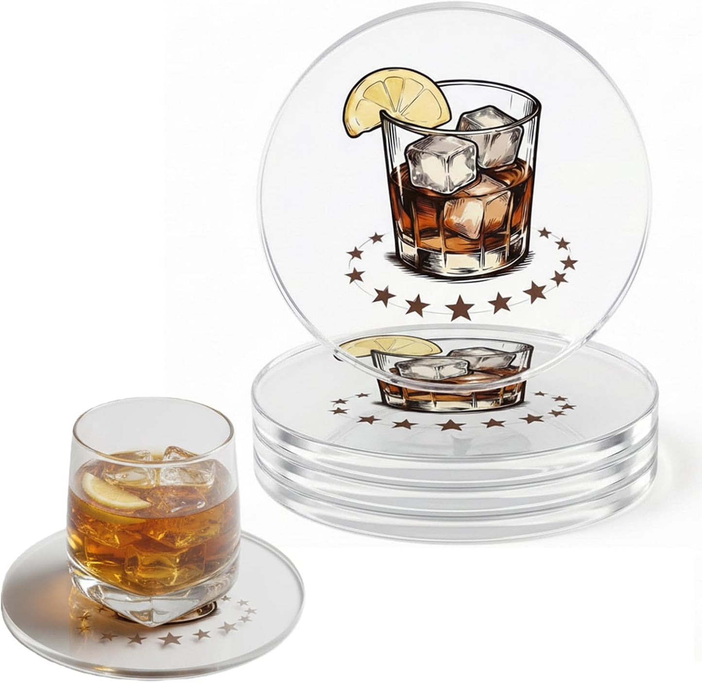 Lxndaser Set 4, Acrylic Coasters of Bar Drink Coasters for Coffee, Whiskey, Cocktails, Clear Modern Drink Coasters
