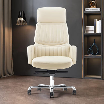 FURIJING Genuine Leather Office Desk Chair with High Back Aluminum Swivel Base Ergonomic Synchro-Tilt Reclining Mechanism Real Leather Executive Chair-Light Beige