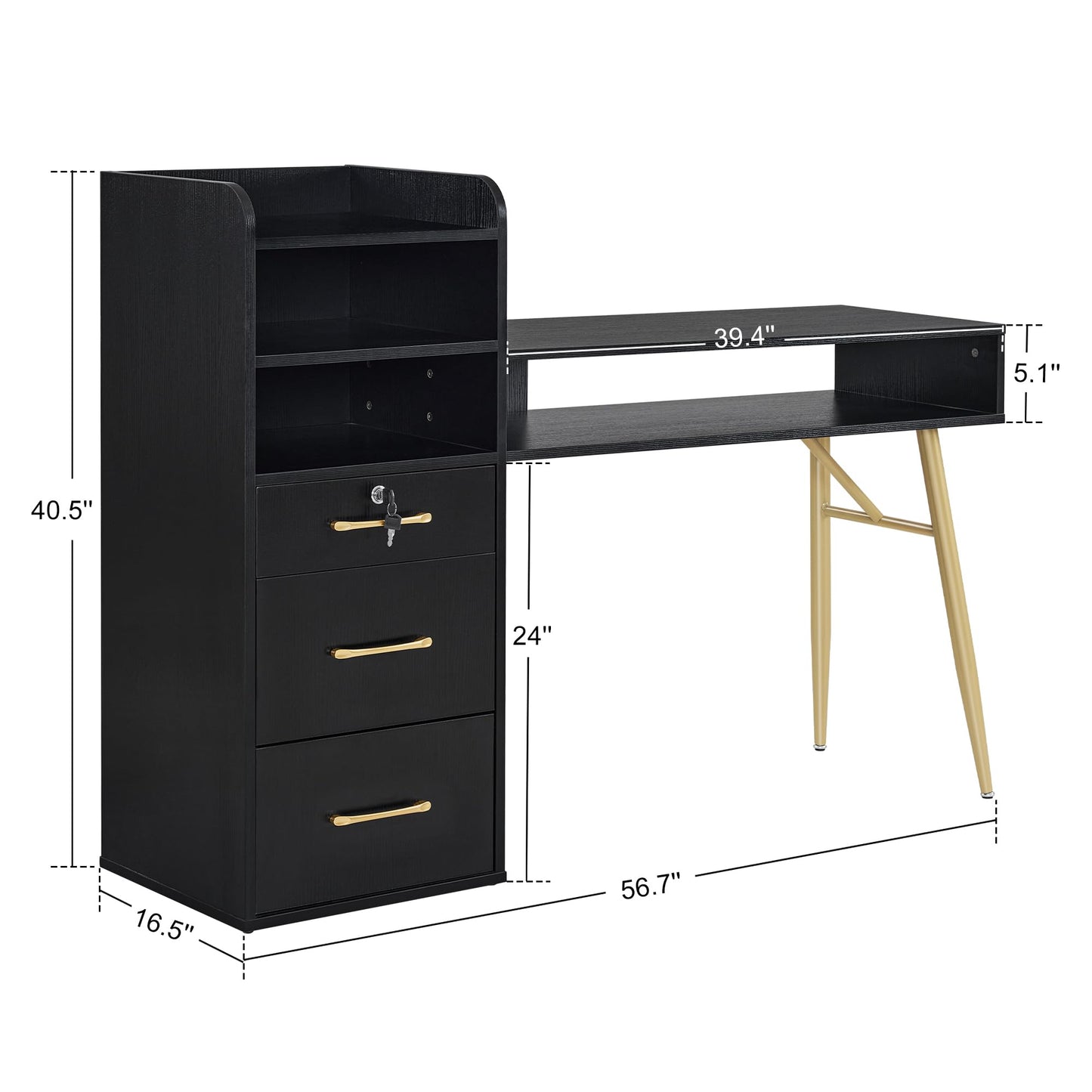 BarberPub Manicure Table with 3 Drawers & 4 Shelves, Nail Desk with Golden Handles and Legs, Nail Table for Nail Tech, Beauty Spa Workstation Equipment DC2605 (Black)
