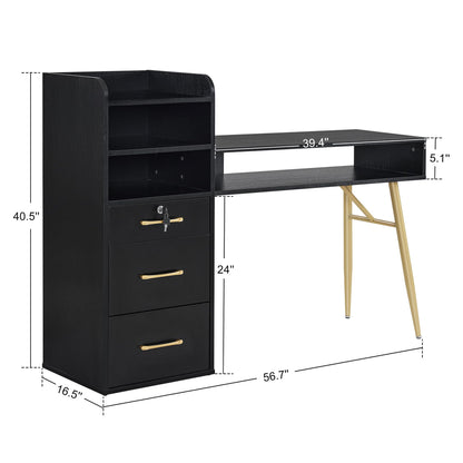 BarberPub Manicure Table with 3 Drawers & 4 Shelves, Nail Desk with Golden Handles and Legs, Nail Table for Nail Tech, Beauty Spa Workstation Equipment DC2605 (Black)
