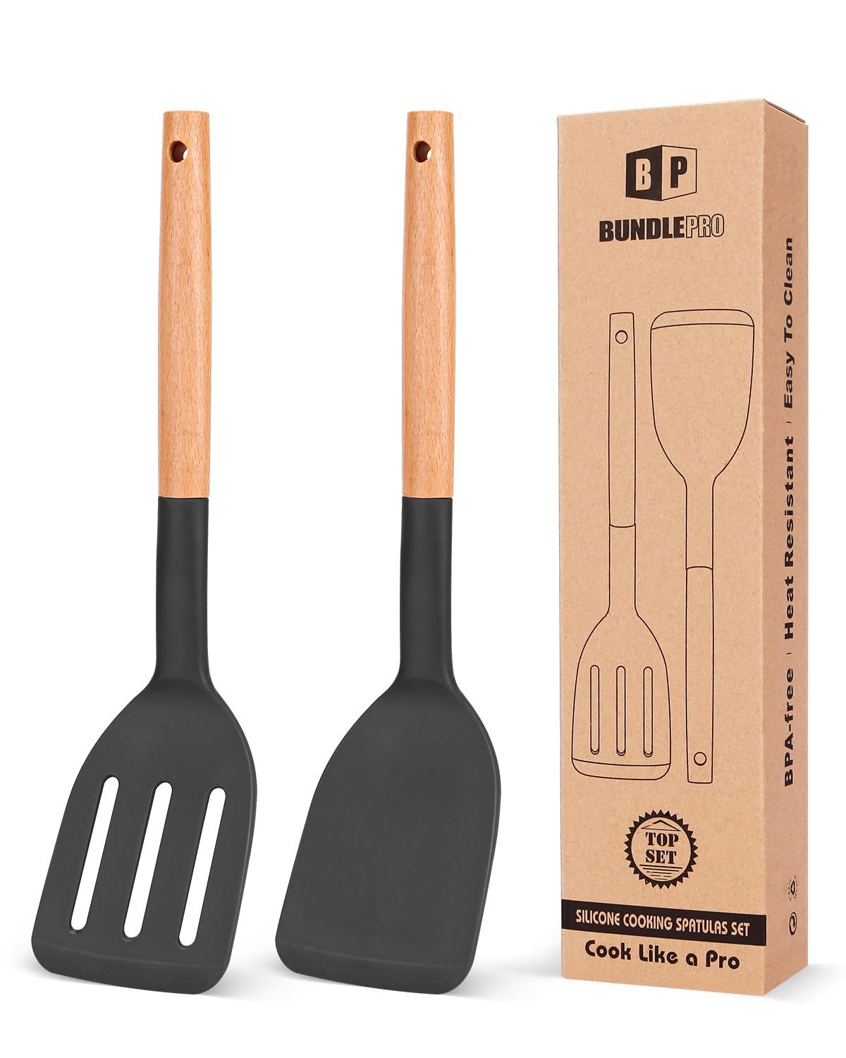 Pack of 2 Silicone Cooking Spatula, Heat Resistant Solid Turner, Non Stick Slotted Spatulas with Wooden Short Handle,Ideal Wood Kitchen Utensils Set for Frying, Baking, Flipping, Turning