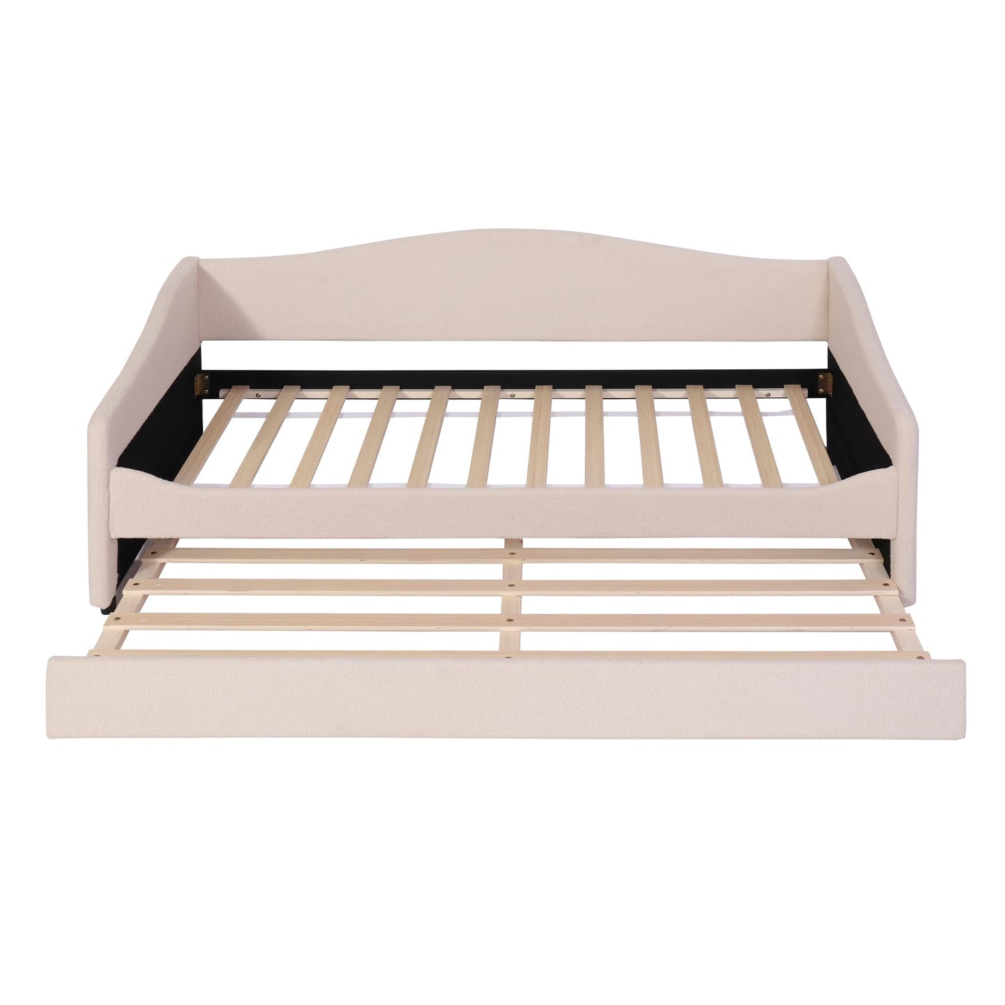 Twin Size Teddy Fleece Upholstered Daybed with Trundle and LED Lights, Daybed Frame with Stripe Design, Soft Fabric Sofa Bed with Slat Support, Space Saving Bed for Bedroom Living Room, White