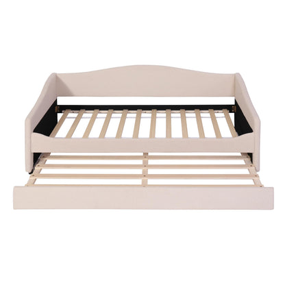 Twin Size Teddy Fleece Upholstered Daybed with Trundle and LED Lights, Daybed Frame with Stripe Design, Soft Fabric Sofa Bed with Slat Support, Space Saving Bed for Bedroom Living Room, White